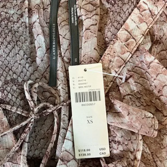 Anthropologie Women's Blouse XS Brown Ruffle Snakeskin Print - Picture 5 of 8